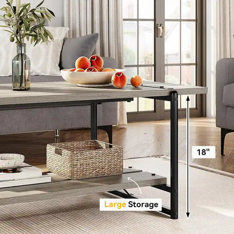Table basse industrielle en bois à 2 niveaux, grande taille (41 pouces), avec étagère de rangement