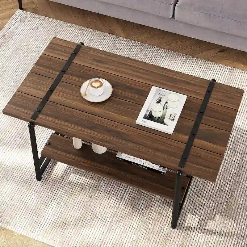 Table basse industrielle en bois à 2 niveaux, grande taille (41 pouces), avec étagère de rangement