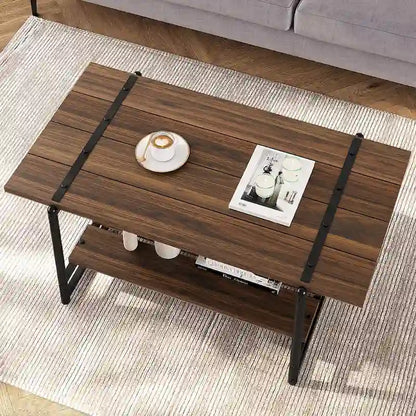 Table basse industrielle en bois à 2 niveaux, grande taille (41 pouces), avec étagère de rangement