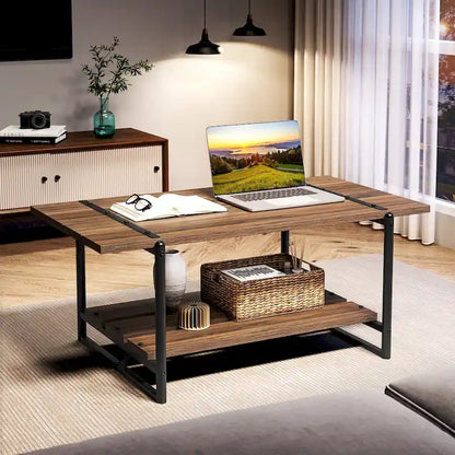Table basse industrielle en bois à 2 niveaux, grande taille (41 pouces), avec étagère de rangement