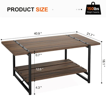 Table basse industrielle en bois à 2 niveaux, grande taille (41 pouces), avec étagère de rangement