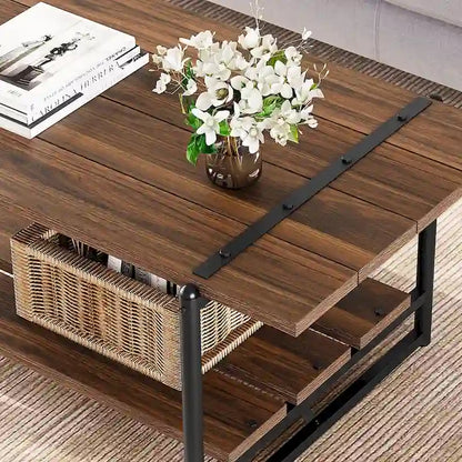 Table basse industrielle en bois à 2 niveaux, grande taille (41 pouces), avec étagère de rangement