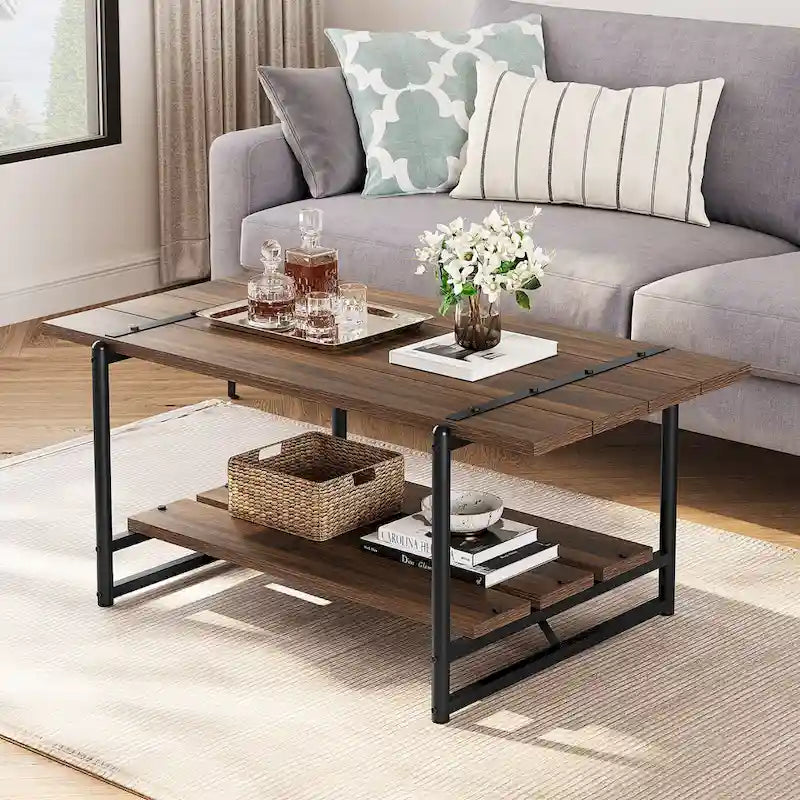 Table basse industrielle en bois à 2 niveaux, grande taille (41 pouces), avec étagère de rangement