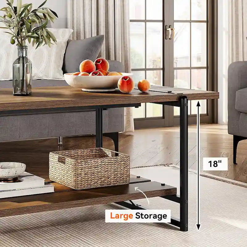 Table basse industrielle en bois à 2 niveaux, grande taille (41 pouces), avec étagère de rangement