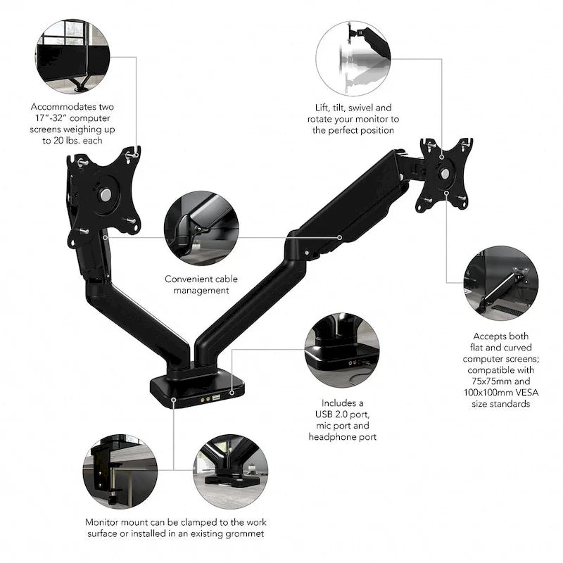 Bras de double écran réglable avec port USB par Bush Business Furniture