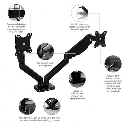Bras de double écran réglable avec port USB par Bush Business Furniture