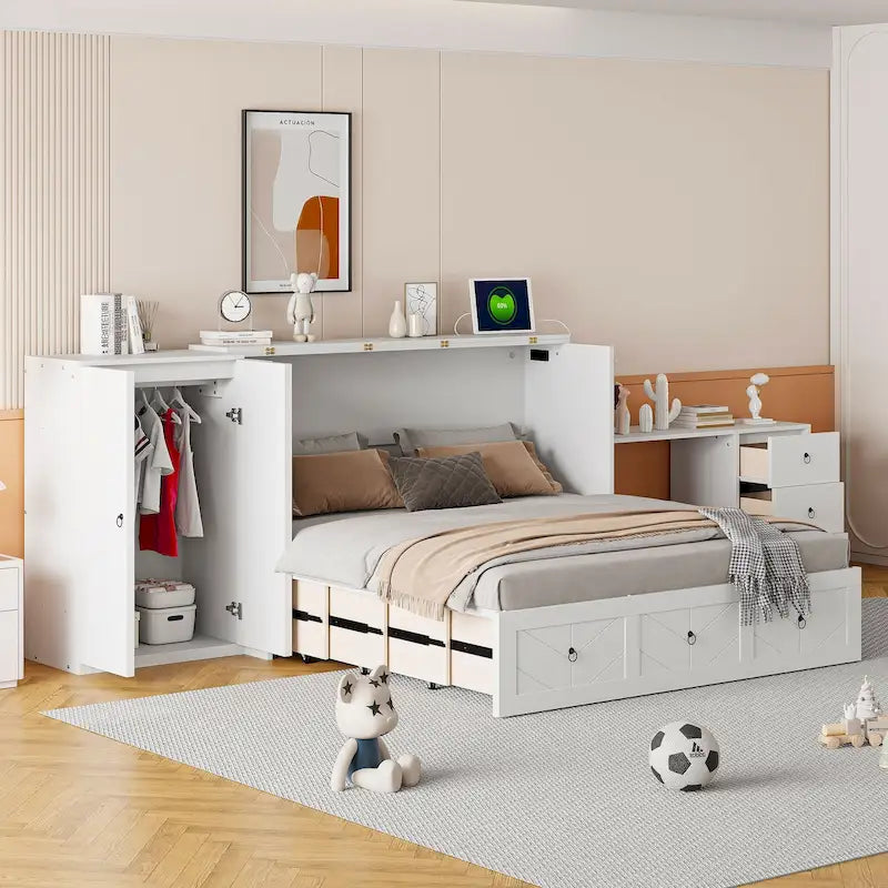 Lit escamotable Queen Size avec port USB, grand tiroir et combinaison armoire/bureau
