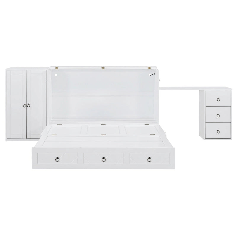 Lit escamotable Queen Size avec port USB, grand tiroir et combinaison armoire/bureau