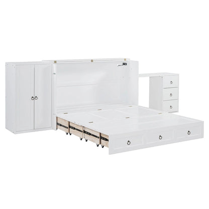 Lit escamotable Queen Size avec port USB, grand tiroir et combinaison armoire/bureau