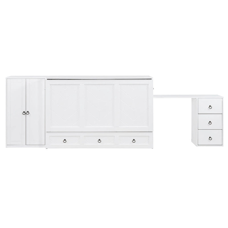 Lit escamotable Queen Size avec port USB, grand tiroir et combinaison armoire/bureau