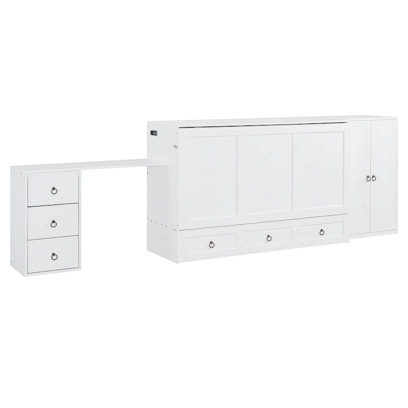 Lit escamotable Queen Size avec port USB, grand tiroir et combinaison armoire/bureau
