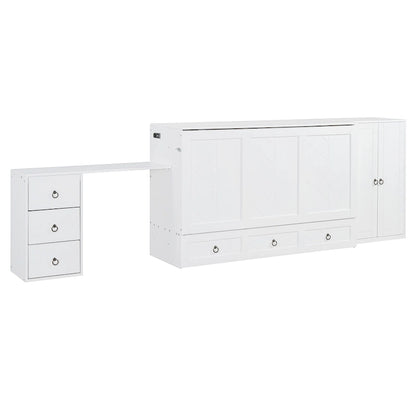 Lit escamotable Queen Size avec port USB, grand tiroir et combinaison armoire/bureau