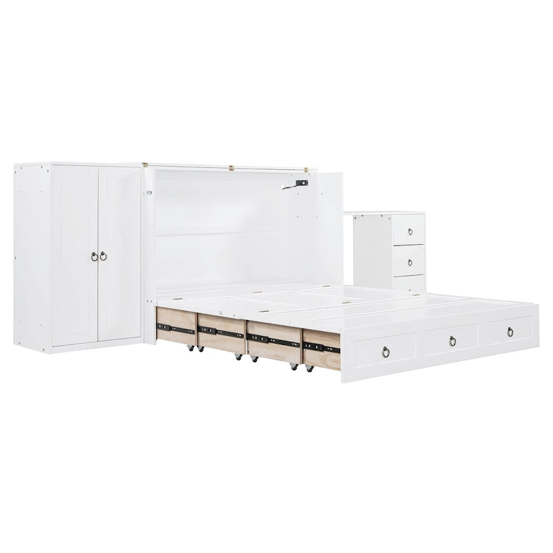 Lit escamotable Queen Size avec port USB, grand tiroir et combinaison armoire/bureau