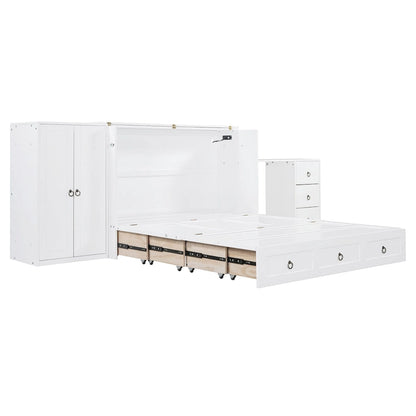 Lit escamotable Queen Size avec port USB, grand tiroir et combinaison armoire/bureau