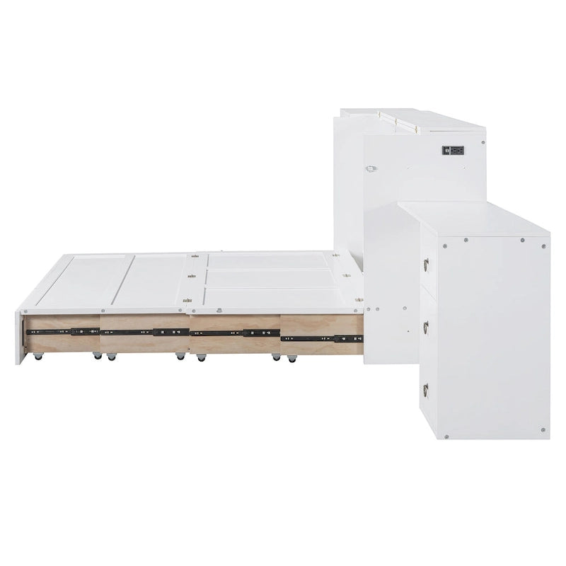 Lit escamotable Queen Size avec port USB, grand tiroir et combinaison armoire/bureau