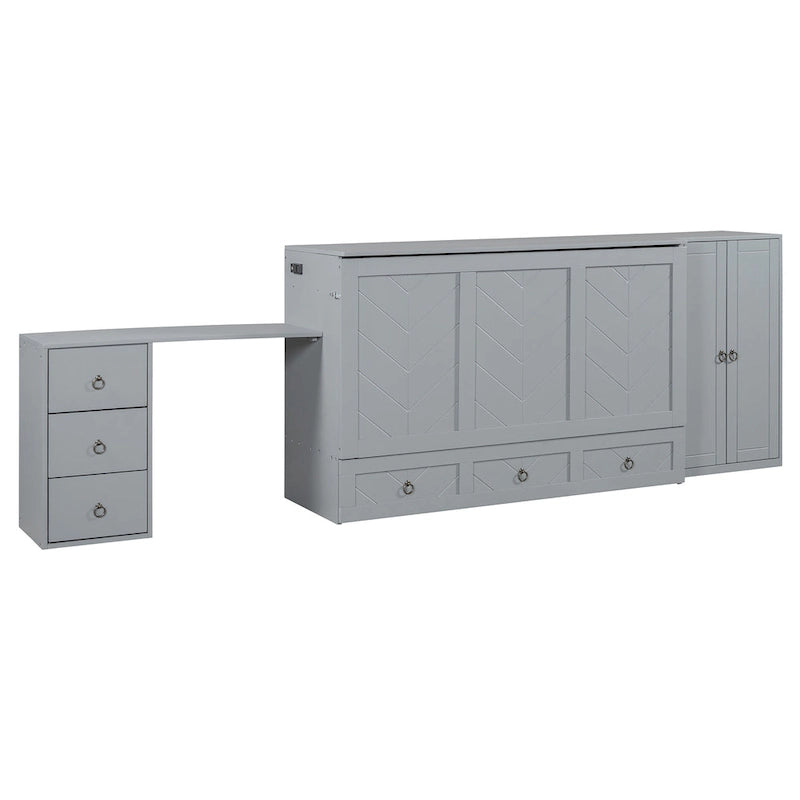 Lit escamotable Queen Size avec port USB, grand tiroir et combinaison armoire/bureau