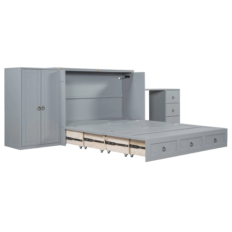 Lit escamotable Queen Size avec port USB, grand tiroir et combinaison armoire/bureau