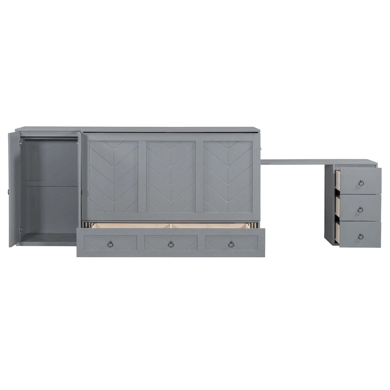 Lit escamotable Queen Size avec port USB, grand tiroir et combinaison armoire/bureau