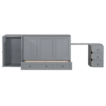 Lit escamotable Queen Size avec port USB, grand tiroir et combinaison armoire/bureau