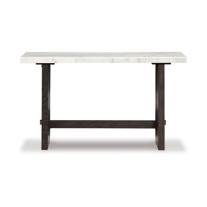 Console Haus Sofa, plateau en marbre, pieds à panneaux, 132 cm (52 ​​pouces), bois brun