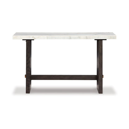 Console Haus Sofa, plateau en marbre, pieds à panneaux, 132 cm (52 ​​pouces), bois brun