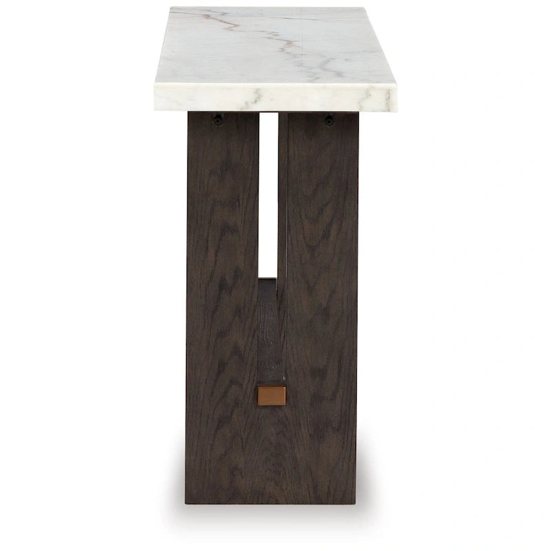 Console Haus Sofa, plateau en marbre, pieds à panneaux, 132 cm (52 ​​pouces), bois brun