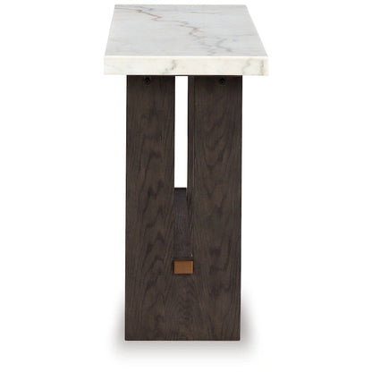Console Haus Sofa, plateau en marbre, pieds à panneaux, 132 cm (52 ​​pouces), bois brun