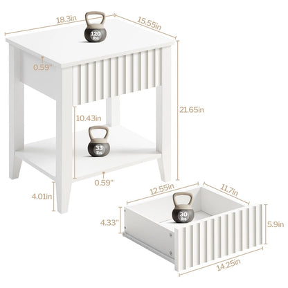 Table de chevet au design épuré, blanc pur et noir, légère et polyvalente.