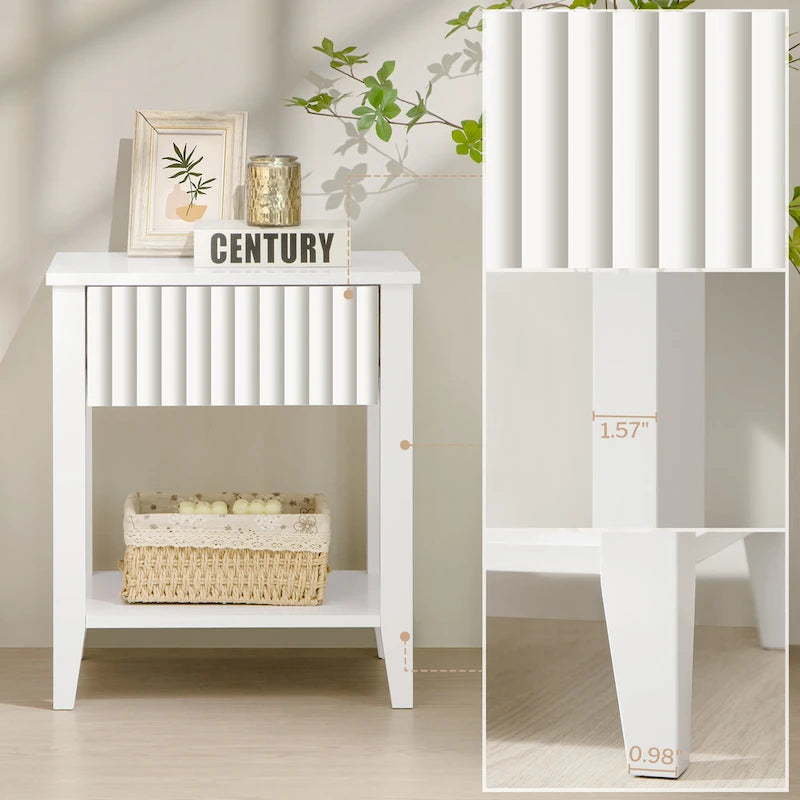 Table de chevet au design épuré, blanc pur et noir, légère et polyvalente.