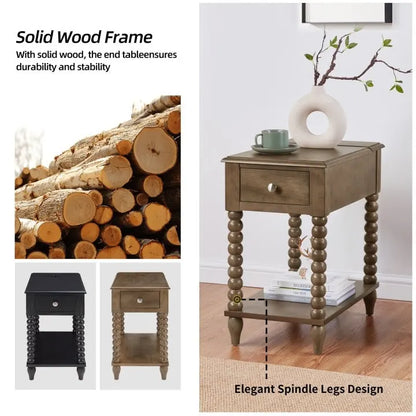 Table d'appoint traditionnelle en bois avec pieds fuselés de 23,6 pouces et port USB