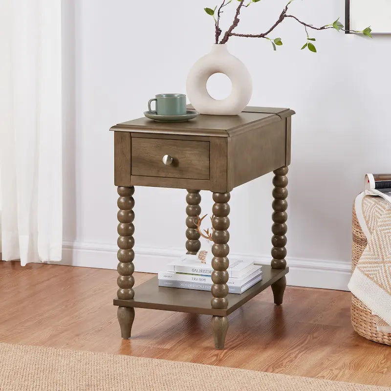 Table d'appoint traditionnelle en bois avec pieds fuselés de 23,6 pouces et port USB