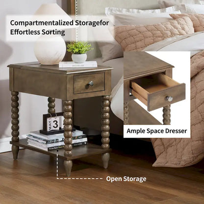 Table d'appoint traditionnelle en bois avec pieds fuselés de 23,6 pouces et port USB