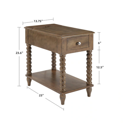 Table d'appoint traditionnelle en bois avec pieds fuselés de 23,6 pouces et port USB