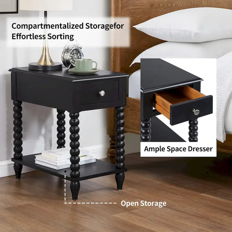 Table d'appoint traditionnelle en bois avec pieds fuselés de 23,6 pouces et port USB