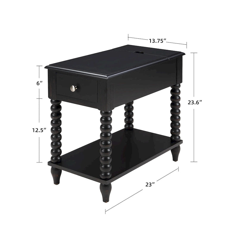 Table d'appoint traditionnelle en bois avec pieds fuselés de 23,6 pouces et port USB
