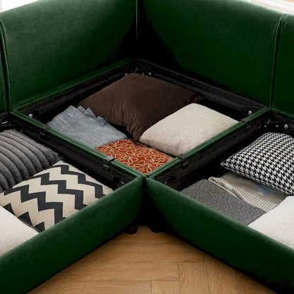Canapé d'angle modulaire en forme de L, revêtu de chenille, avec assise de rangement, à monter soi-même.