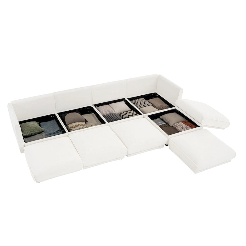 Canapé d'angle modulaire en forme de L, revêtu de chenille, avec assise de rangement, à monter soi-même.