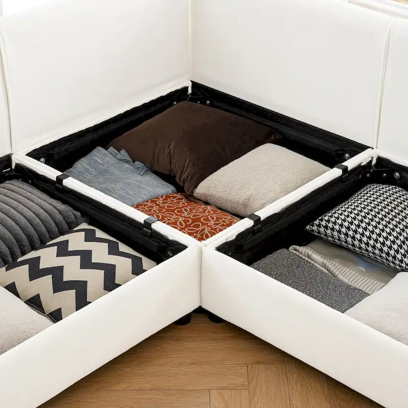 Canapé d'angle modulaire en forme de L, revêtu de chenille, avec assise de rangement, à monter soi-même.