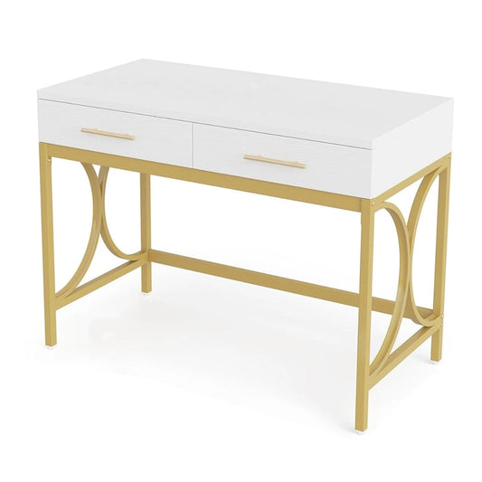 Bureau d'ordinateur, plateau blanc de 104 cm, 2 tiroirs, piètement doré