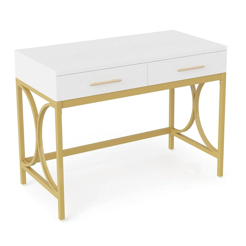 Bureau d'ordinateur, plateau blanc de 104 cm, 2 tiroirs, piètement doré