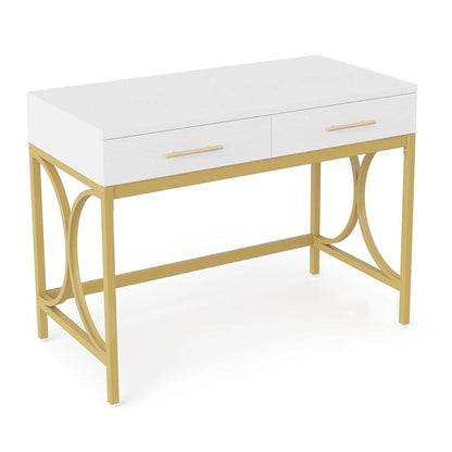 Bureau d'ordinateur, plateau blanc de 104 cm, 2 tiroirs, piètement doré