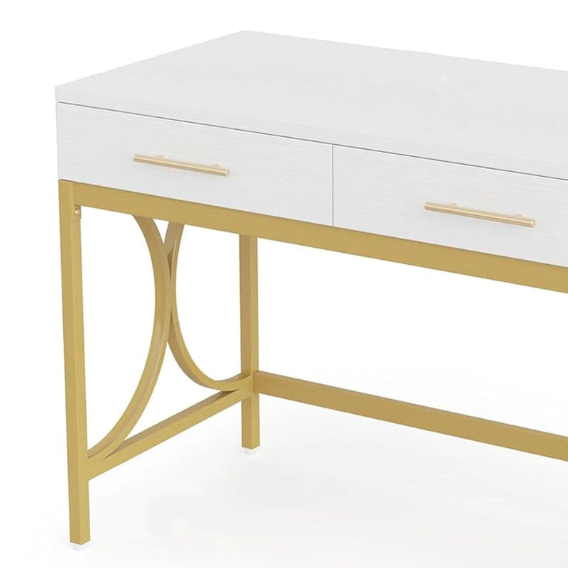 Bureau d'ordinateur, plateau blanc de 104 cm, 2 tiroirs, piètement doré