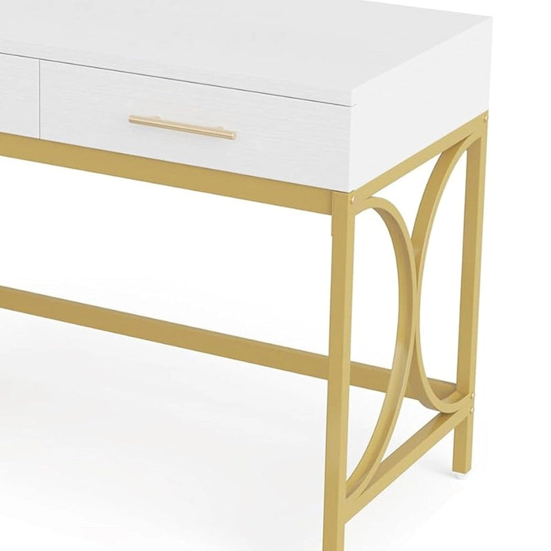 Bureau d'ordinateur, plateau blanc de 104 cm, 2 tiroirs, piètement doré