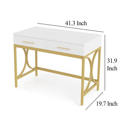Bureau d'ordinateur, plateau blanc de 104 cm, 2 tiroirs, piètement doré