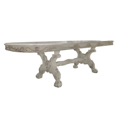 Table de salle à manger Ally, double piétement, bois blanc cassé, 94-136 pouces