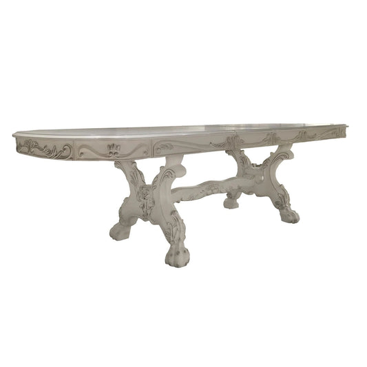 Table de salle à manger Ally, double piétement, bois blanc cassé, 94-136 pouces