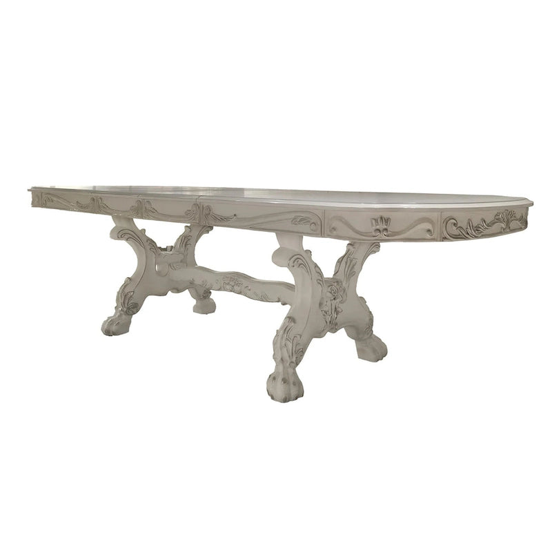 Table de salle à manger Ally, double piétement, bois blanc cassé, 94-136 pouces