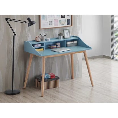 Bureau d'ordinateur de style moderne du milieu du siècle avec étagères et 4 pieds en bois, idéal pour un petit bureau à domicile ou une salle d'étude.