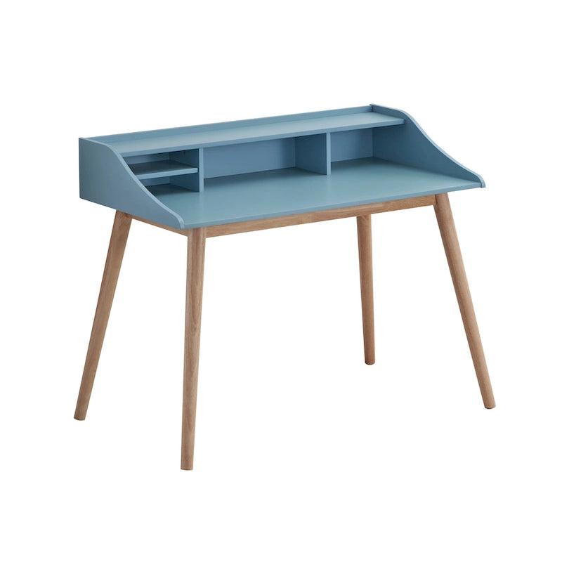 Bureau d'ordinateur de style moderne du milieu du siècle avec étagères et 4 pieds en bois, idéal pour un petit bureau à domicile ou une salle d'étude.