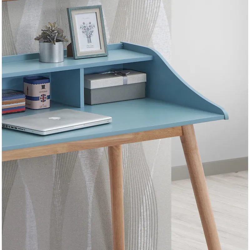 Bureau d'ordinateur de style moderne du milieu du siècle avec étagères et 4 pieds en bois, idéal pour un petit bureau à domicile ou une salle d'étude.